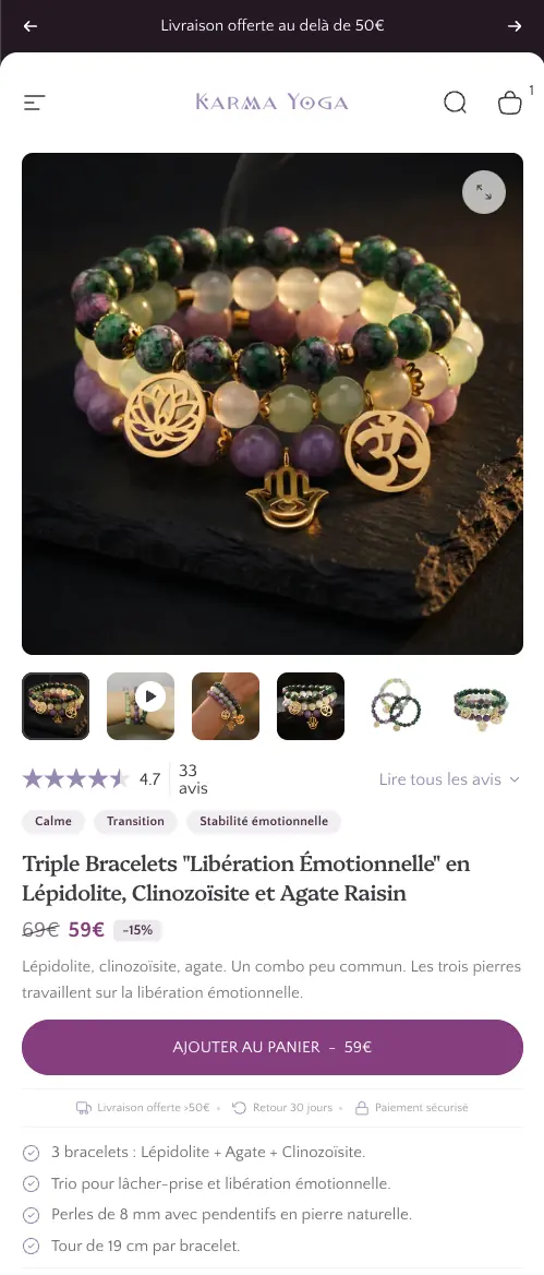 Karma Yoga Shopify product page