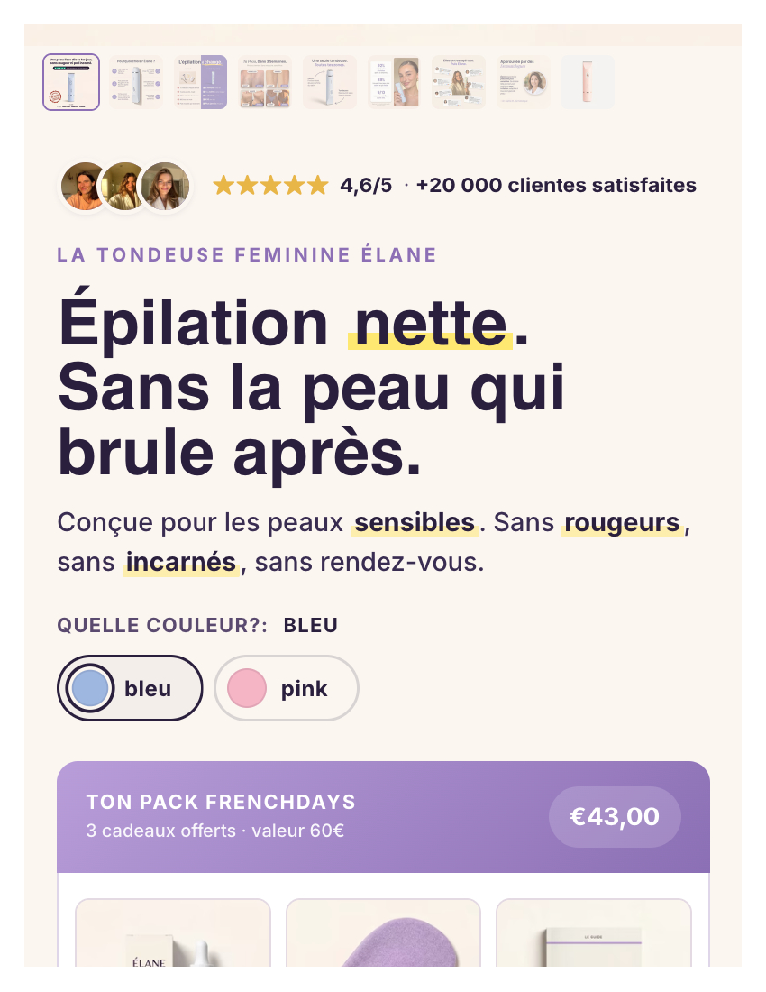 Élane product page reassurance and benefits